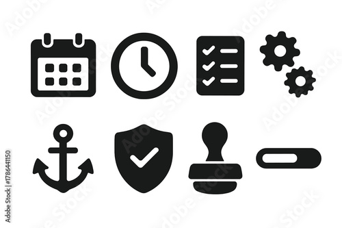 Reliability Icon Set. Reliability. Filled icon set of reliability: calendar, clock, checklist, gears, anchor,