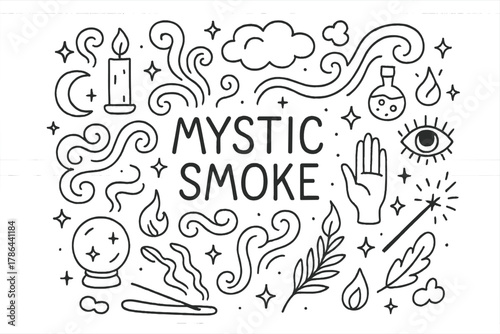 Mystic Smoke Doodle. Mystic Smoke. Hand-drawn doodle illustration of mystic smoke. Swirls, stars, crescent