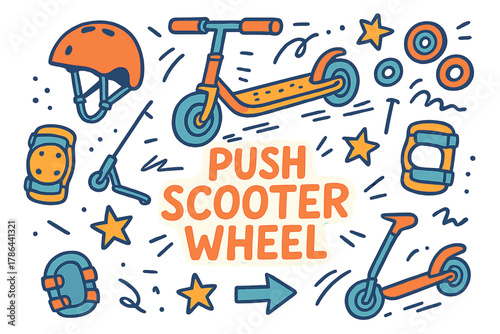 Push Scooter Doodle. Push scooter wheel. Hand-drawn doodle illustration of Push scooter wheel. Scooter deck,