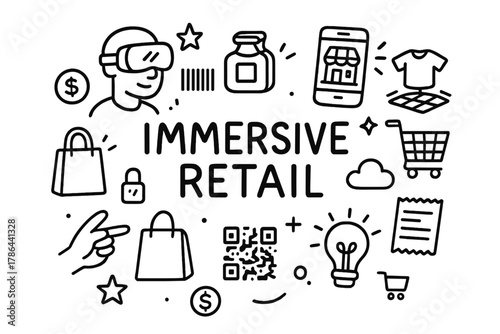 Immersive Retail Doodle. Immersive Retail. Hand-drawn doodle illustration of Immersive Retail. VR headset,