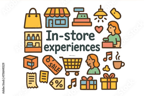In-Store Shopping Doodles. In-store experiences. Hand-drawn doodle illustration of in-store experiences.