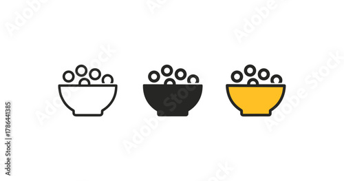 Flat outline icons of cereal bowls in black, white, and yellow variations
