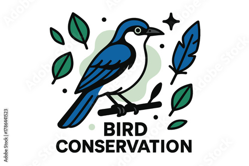 Rare Bird Watch. Bird conservation. A rare bird perched on a branch, abstract floating leaves, feathers, and