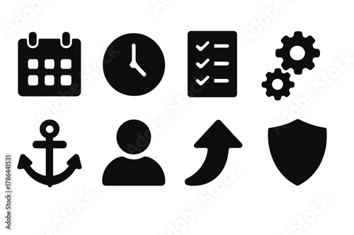 Dependability Icon Set. Dependability. Filled icon set of dependability: calendar, clock, checklist, gears,