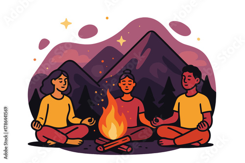 Campfire Meditation Scene. Evening Reflection. Participants meditate by a glowing campfire with mountains in