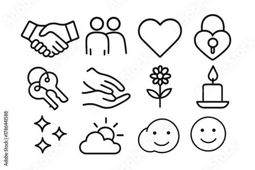 Trust and Love Icons. Trust and love. Line outline icon set of trust and love: handshake, couple, heart, lock,