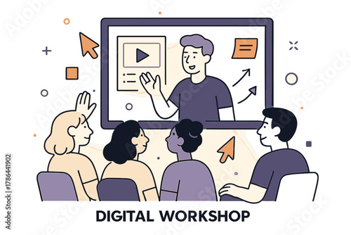 Interactive Digital Workshop. Digital Workshop. Participants watch a live tutorial on a large screen; floating