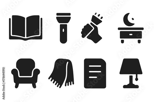 Cozy Night Reading Icons. Reading in the dark. Filled icon set of reading in the dark: open book, flashlight,