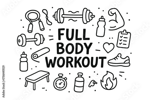 Fitness Doodle Icons. Full Body Workout. Hand-drawn doodle illustration of Full Body Workout. barbell,