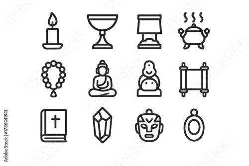 Worship Item Icons. Worship items. Line outline icon set of worship items: candle, chalice, altar, bell,