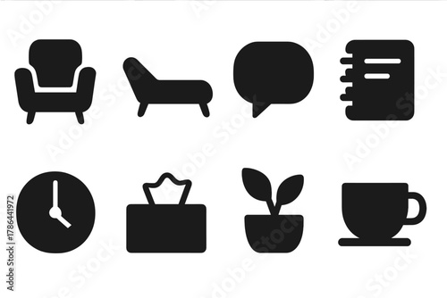 Therapy Session Icons. Therapy sessions. Filled icon set of therapy sessions: therapist chair, patient couch,