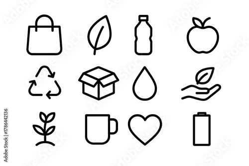 Sustainable Icon Set. Sustainable consumption. Line outline icon set of sustainable consumption: shopping bag,