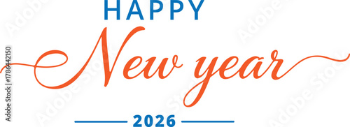 Happy new year 2026 text with blue and orange color
