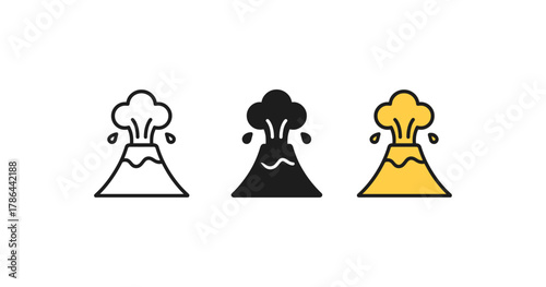 Colorful volcano eruption icons in minimalistic line style