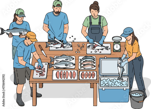 Team of Fishermen Processing Fresh Catch Salmon Filleting and Icing Seafood for Market