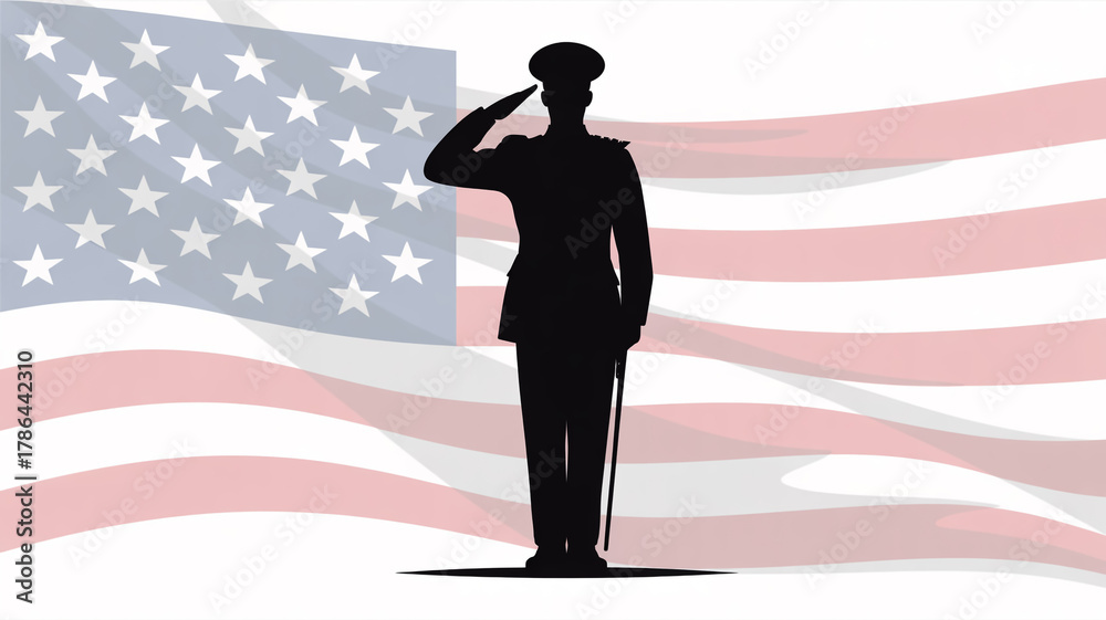 Obraz premium A high-quality black silhouette of a proud military officer standing at attention and saluting in front of a softly waving national flag backdrop.