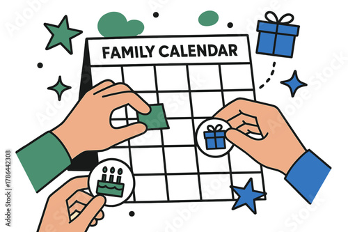 Family Calendar Celebrations. Marking special dates. Hands placing stickers and notes on a family calendar,