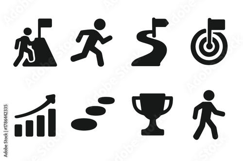 Persistence Icon Set. Persistence. Filled icon set of persistence: mountain climb, running figure, path arrows