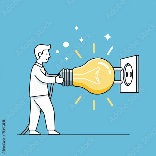Businessman Plugging in Giant Glowing Light Bulb for New Idea or Energy Concept Illustration