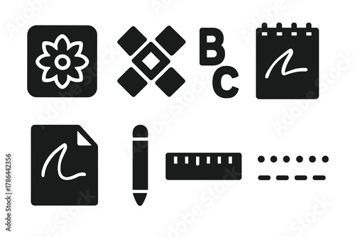 Design Pattern Icons. Design patterns. Filled icon set of design patterns: floral template, geometric motif,