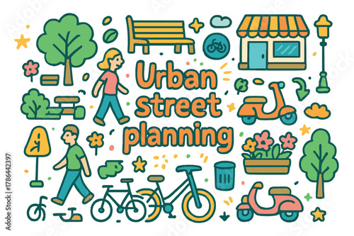 Vibrant Urban Doodles. Urban street planning. Hand-drawn doodle illustration of urban street planning. Trees,