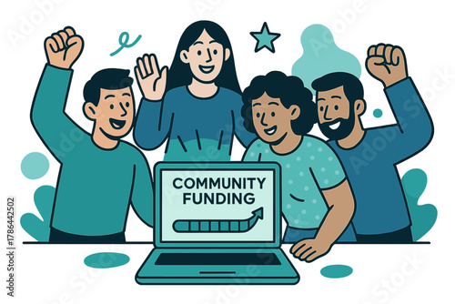 Diverse Fundraising Collaboration. Community Funding. Diverse people gather around a glowing laptop screen