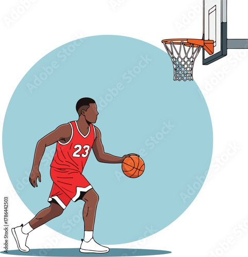 Dynamic Illustration of Basketball Player Dribbling Near the Hoop for Sports Concepts