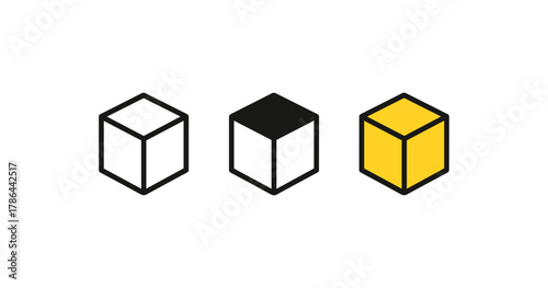 Simple geometric cube icons in linear style with black and yellow variants