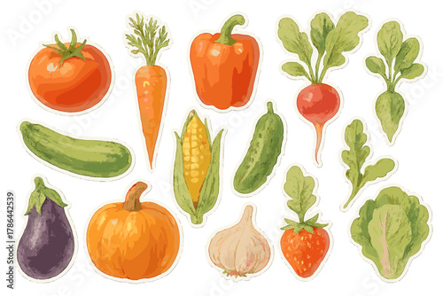 Watercolor Vegetable Stickers. Vegetable Harvest Icons. Realistic hand-painted watercolor style sticker sheet
