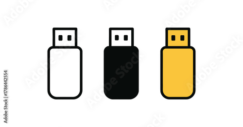 Minimalist usb drive icons in three colors: white, black, yellow