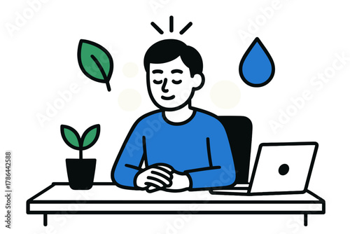 Mindful Workspace. Calm workspace. A person seated at a tidy desk with soft light, abstract floating icons of