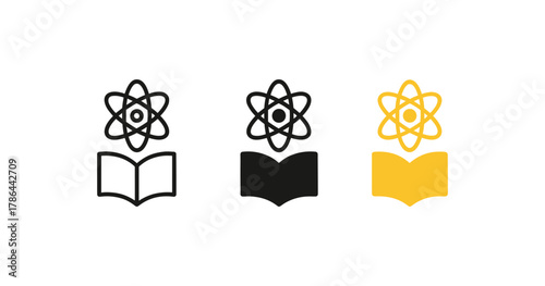 Science learning icons with atom and book in minimalistic style