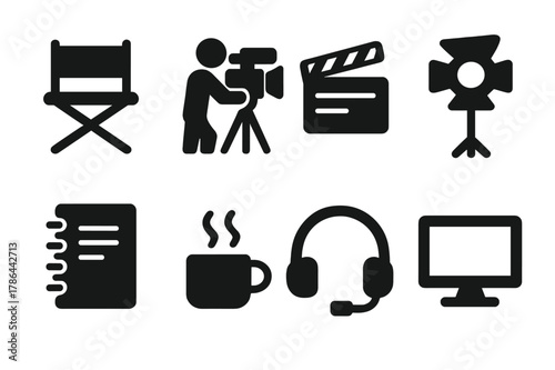Behind the Scenes Icons. Behind the scenes. Filled icon set of behind the scenes: director?s chair, camera