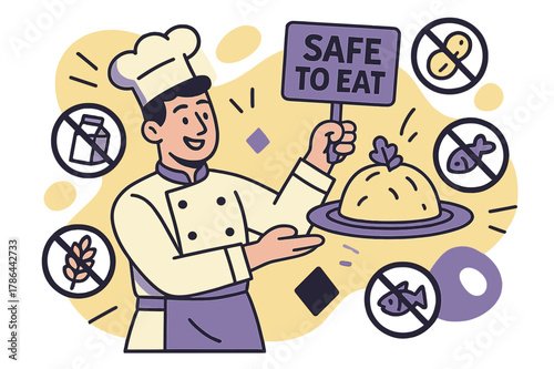 Allergy-Free Dining. Allergy Awareness. A friendly cook presents a dish with a bold ?Safe to Eat? tag;