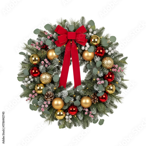 Festive Christmas Wreath with Red Bow, Ornaments, Pinecones, and Eucalyptus - Perfect Holiday Decor