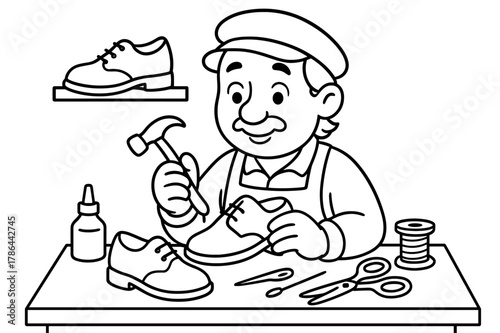 Cobbler Coloring Fun. Shoe maker children?s coloring book illustration, outlined drawing, friendly cobbler