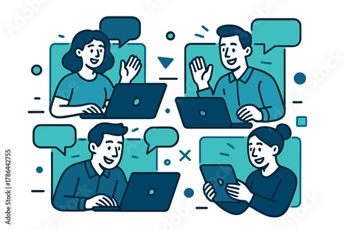 Dynamic Team Collaboration. Team Video Call. A group of colleagues interact via laptops and tablets, with