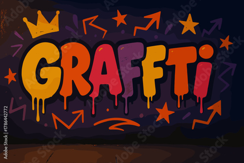 Vibrant Urban Graffiti. Urban Night ? Graffiti Simplified: thick tilted bubble letters with dripping edges;