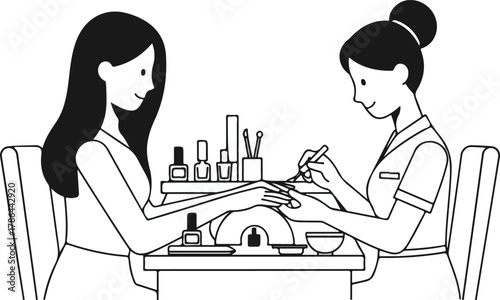 Monochrome Line Art of Manicurist Performing Nail Care Service on Client