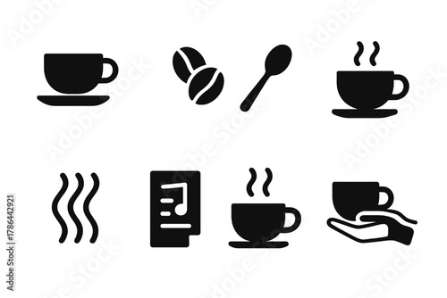 Coffee Tasting Icons. Coffee tasting. Filled icon set of coffee tasting: cup, saucer, coffee beans, spoon,