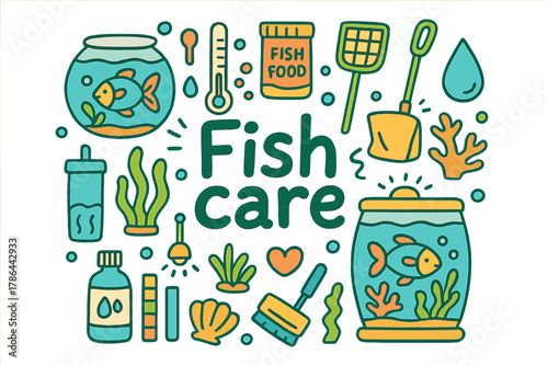 Fish Care Essentials. Fish care. Hand-drawn doodle illustration of Fish care. Fish bowl, thermometer, fish