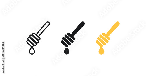 Honey dipper icons: minimalist set featuring dropping honey designs in flat style