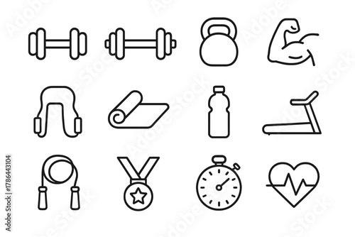 Strength Training Icons. Strength training. Line outline icon set of strength training: dumbbell, barbell,