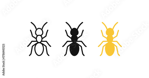 Colorful linear ant icons in black outline and yellow solid design