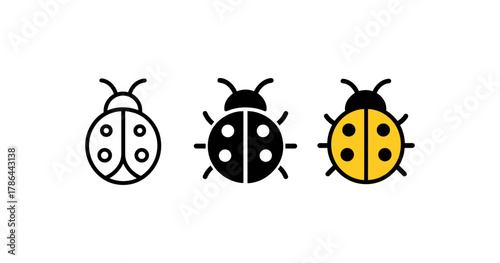 Minimalist ladybug designs in outline, solid, and color styles