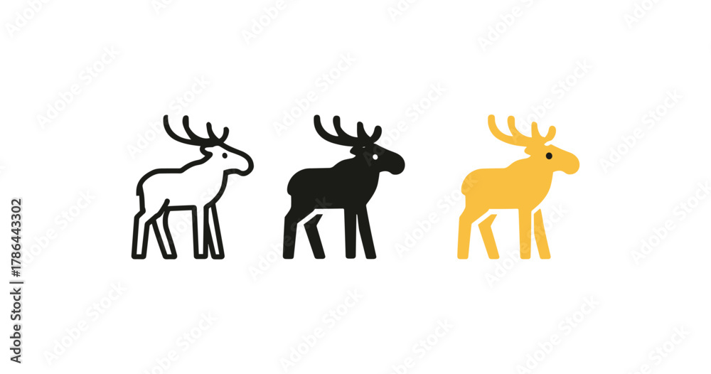 Obraz premium Minimalist moose icons in trio of colors: white, black, and yellow