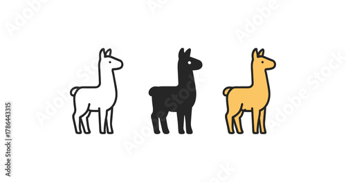 Llama trio in minimalist style: simple outline variations in white, black, and yellow