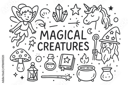 Magical Creatures Doodle Art. Magical Creatures. Hand-drawn doodle illustration of Magical Creatures. fairy,