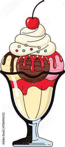 Delicious Cartoon Ice Cream Sundae with Three Scoops Whipped Cream Cherry and Sprinkles