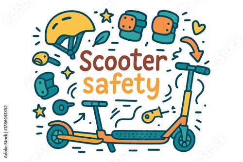 Scooter Safety Illustration. Scooter safety. Hand-drawn doodle illustration of Scooter safety. Helmet, knee